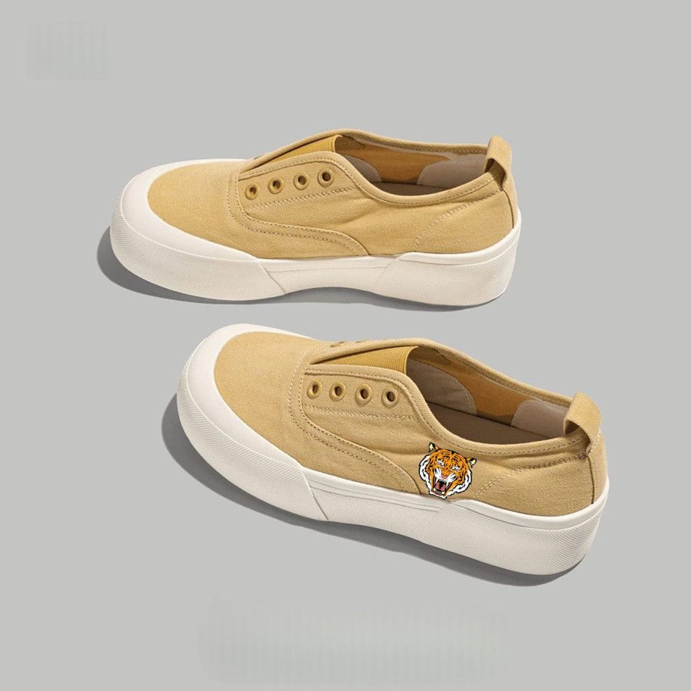 Beige Tiger Emblem Platform Slip-On Sneakers