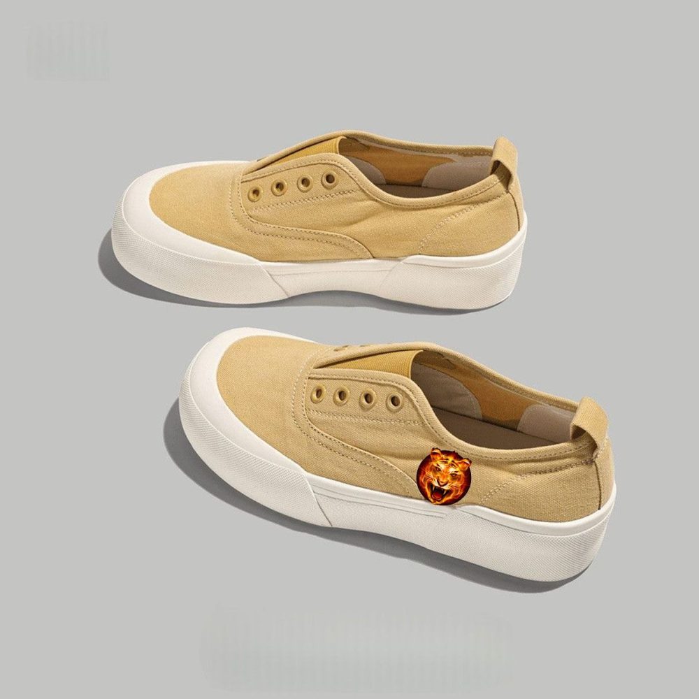 Beige Slip-On Platform Sneakers with Fiery Lion Emblem