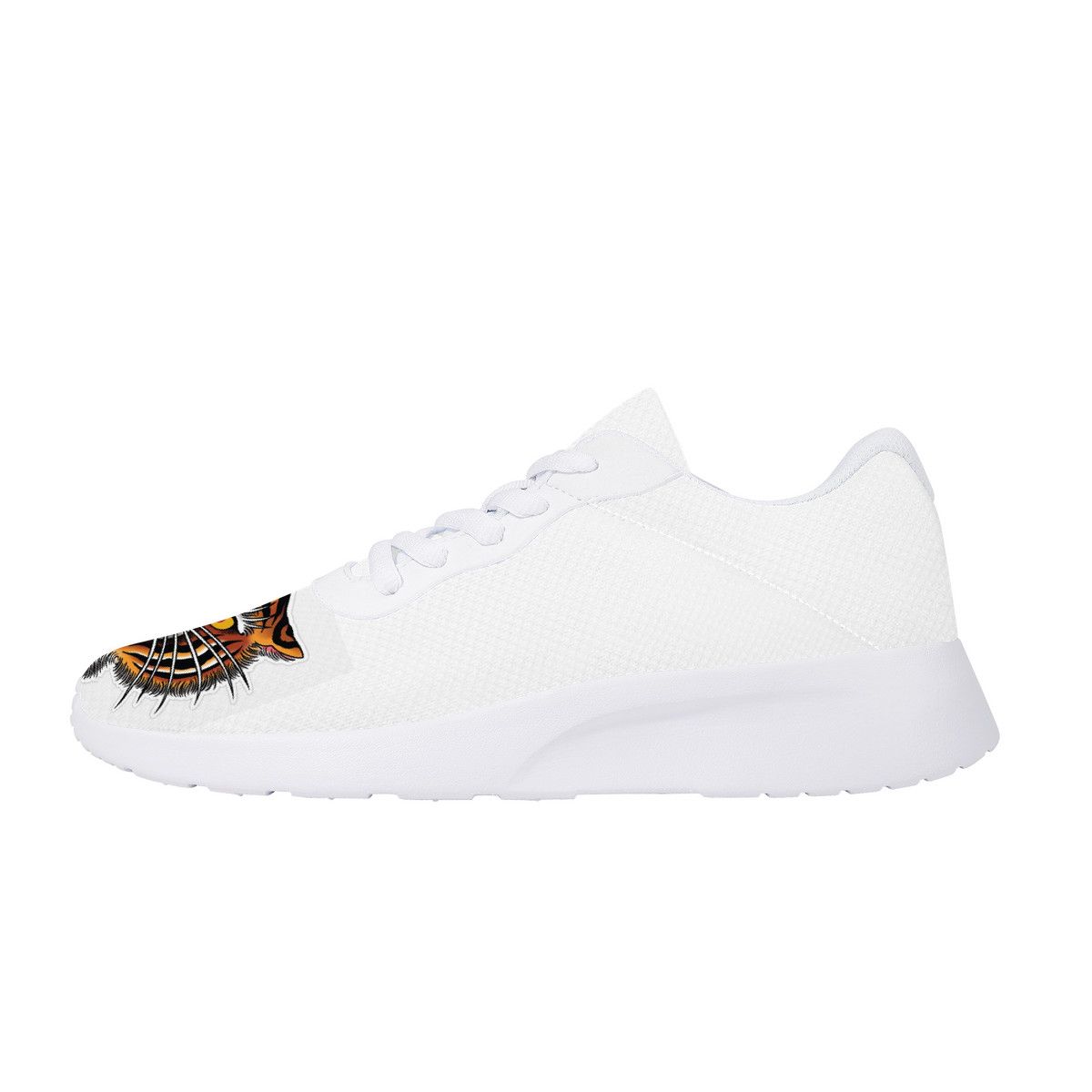 All-White Mesh Sneakers with Vibrant Tiger Head Prints